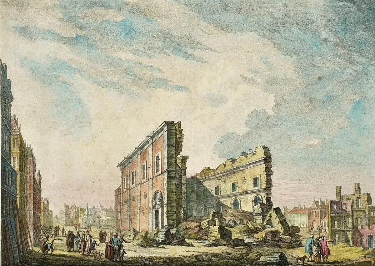 Barevný výtisk z 18. století zobrazující zřícené zdi kostela a suť v lisabonské ulici po zemětřesení v roce 1755, s drobnými postavami procházejícími mezi troskami
